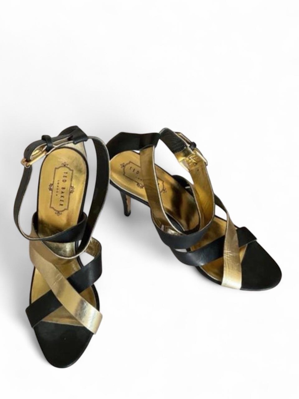 Ted Baker Adilina Black & Metallic Gold Leather Strappy Heels Size 40 US 9.5